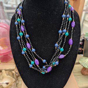 Vintage Multi-strand Black & Gem Toned Beaded Necklace